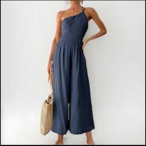 Summery Linen Flowy Single Shoulder Wide Leg Crop Jumpsuit Women's Size Medium
